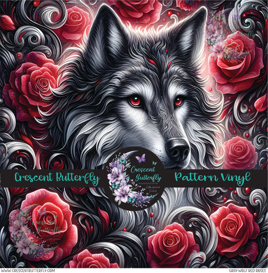 Gray Wolf Red Roses Printed Vinyl Sheet/Wrap