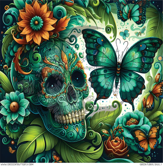 Green Floral Skull 1 Printed Vinyl Sheet/Wrap