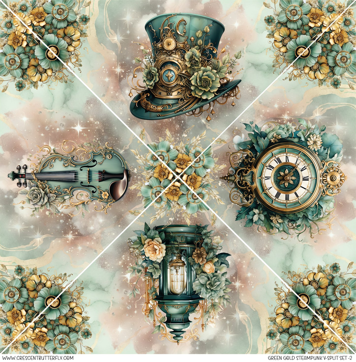 Green Gold Steampunk V-Split Set-2 Printed Vinyl Sheet-Tumbler Wrap