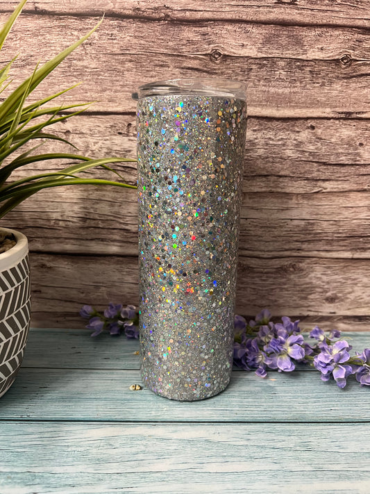 Holographic Silver Chunky Glitter-20oz Skinny Tumbler-Pre Made