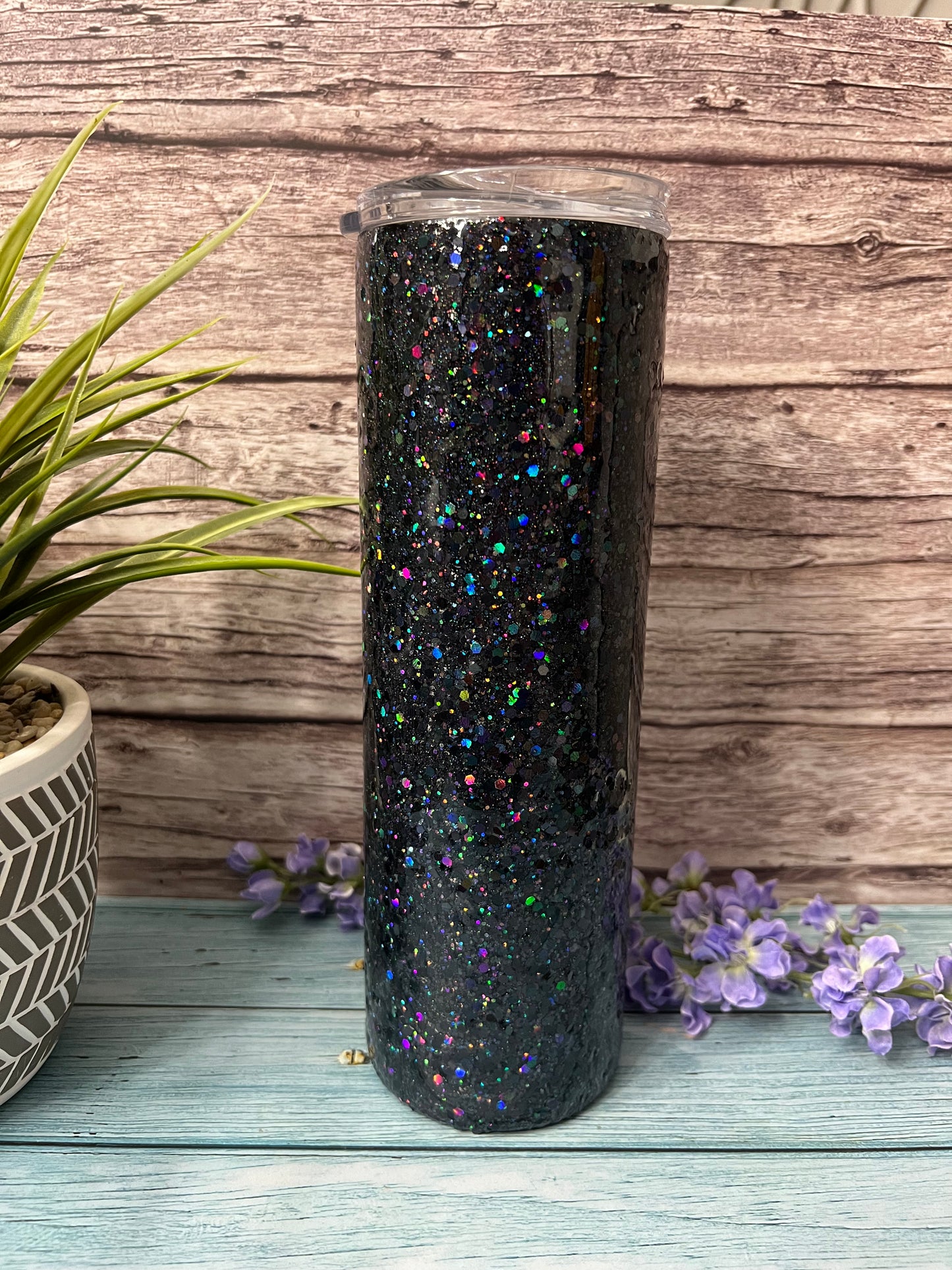 Black Chunky Holographic Glitter-30oz Skinny Tumbler-Pre Made