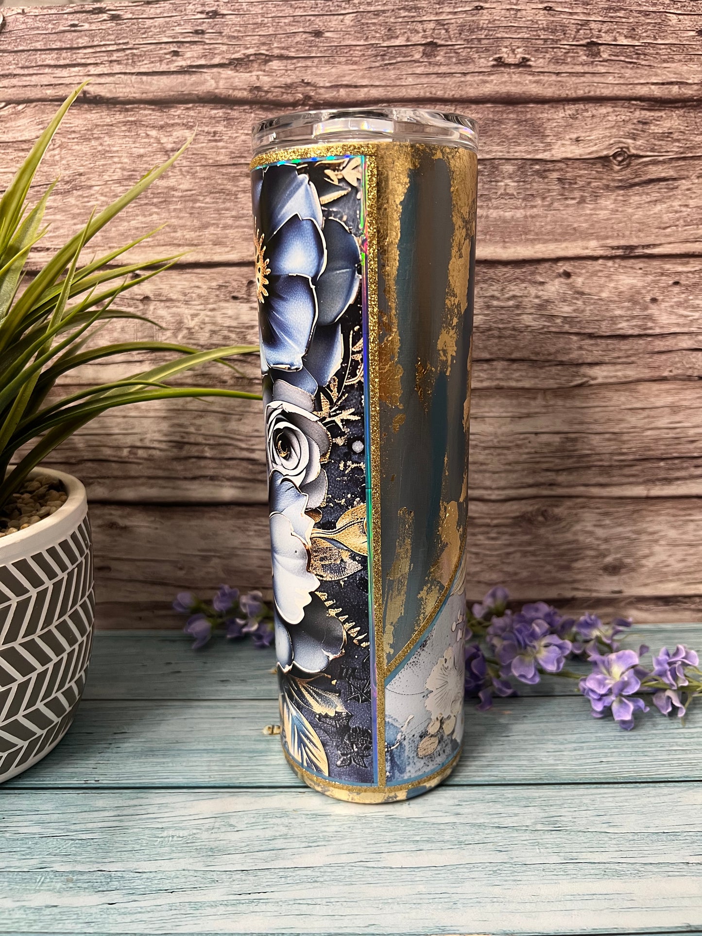 RTS #61 -30oz Blue Floral w/flakes Skinny Tumbler-Pre Made-RTS