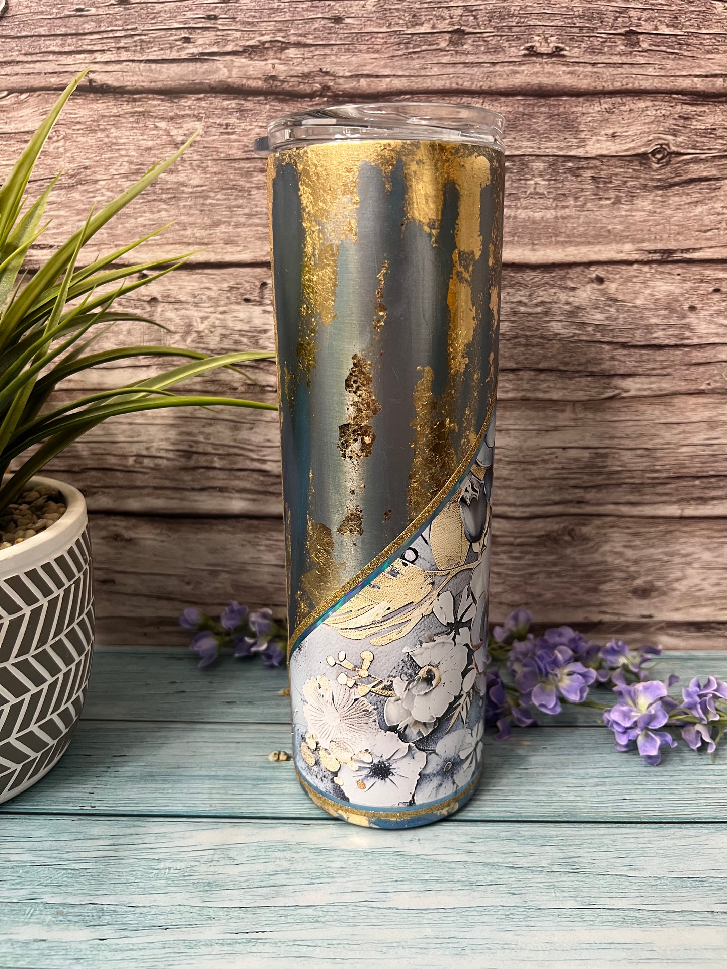 RTS #61 -30oz Blue Floral w/flakes Skinny Tumbler-Pre Made-RTS