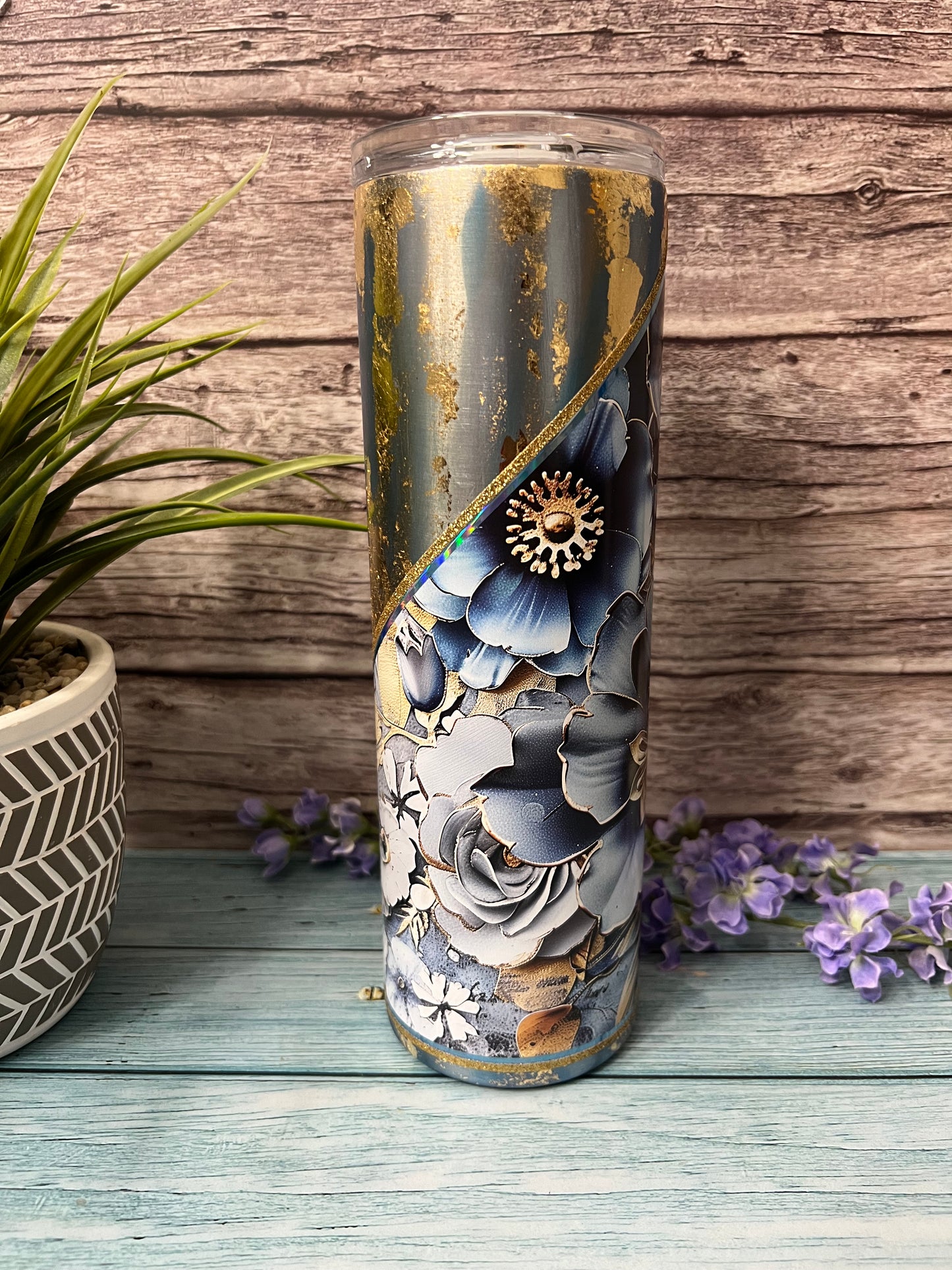 RTS #61 -30oz Blue Floral w/flakes Skinny Tumbler-Pre Made-RTS