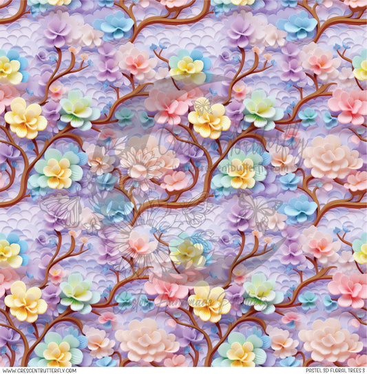 Pastel 3D Floral Trees 3 Printed Vinyl Sheet/Wrap