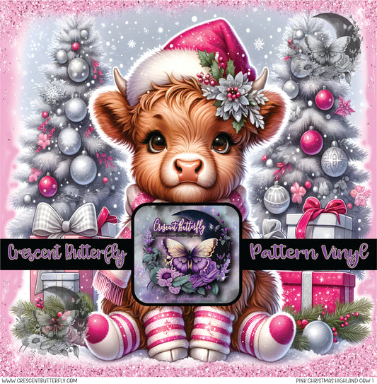 Pink Christmas Highland Cow 1 Printed Vinyl Sheet-Tumbler Wrap