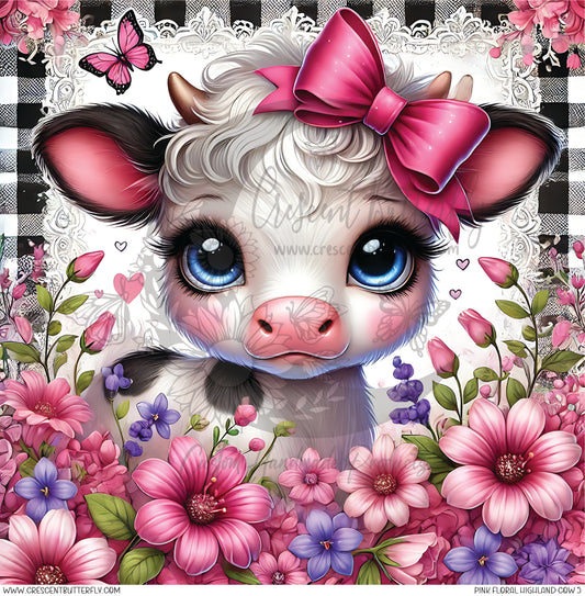 Pink Floral Highland Cow 5 Printed Vinyl Sheet/Wrap