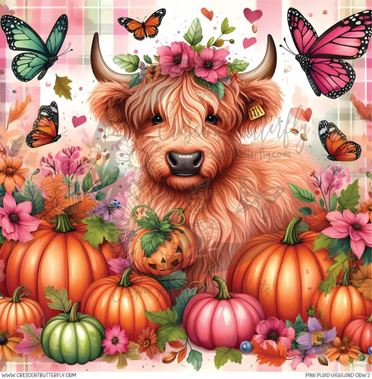 Pink Plaid Highland Cow 2 Printed Vinyl Sheet/Wrap