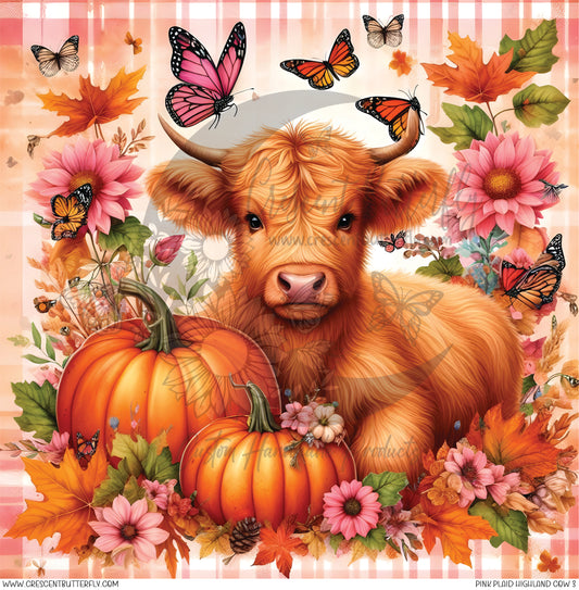 Pink Plaid Highland Cow 3 Printed Vinyl Sheet/Wrap
