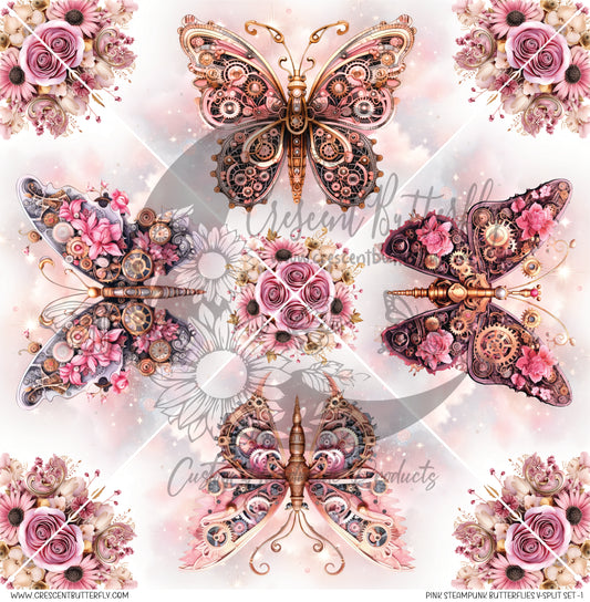 Pink Steampunk Butterflies V-Split Set-1 Printed Vinyl Sheet-Tumbler Wrap