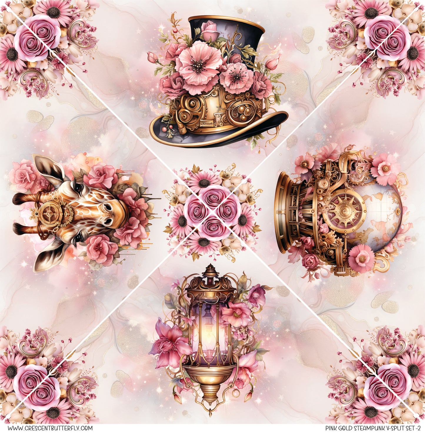 Pink Gold Steampunk V-Split Set-2 Printed Vinyl Sheet-Tumbler Wrap