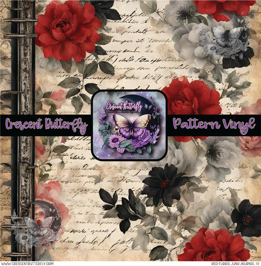 Red Floral Junk Journal 10 Printed Vinyl Sheet/Wrap