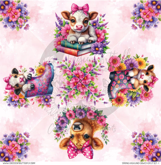 Spring Highland Cows V-Split Set 1 Printed Vinyl Sheet/Wrap