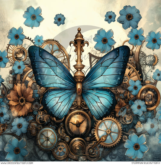 Steampunk Blue Butterfly Printed Vinyl Sheet/Wrap