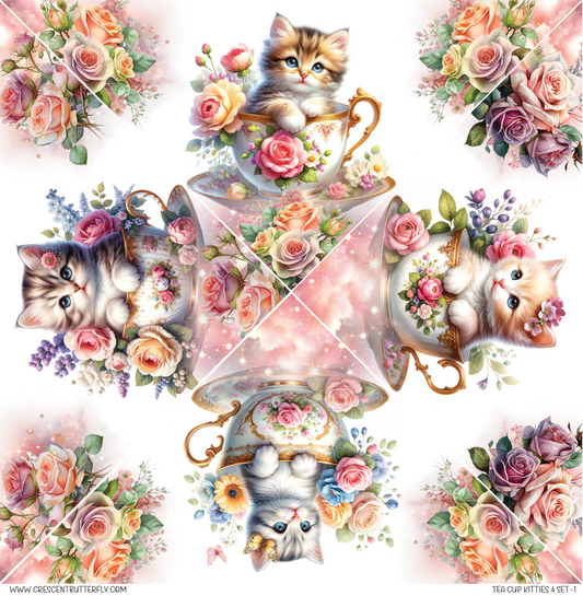 Tea Cup Kitties 4 Set-1 Printed Vinyl Sheet/Wrap