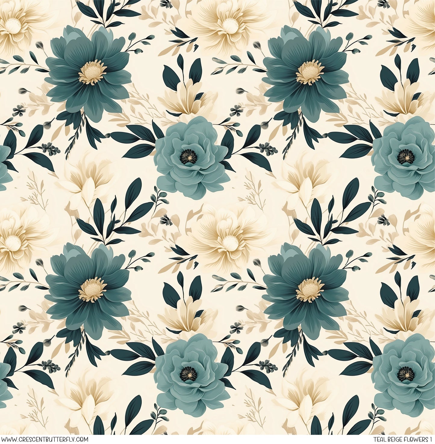 Teal Beige Flowers 1 Printed Vinyl Sheet-Tumbler Wrap