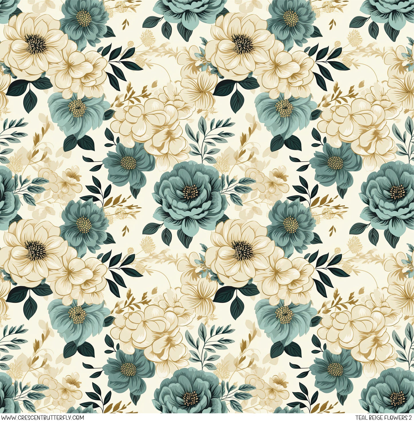 Teal Beige Flowers 2 Printed Vinyl Sheet-Tumbler Wrap