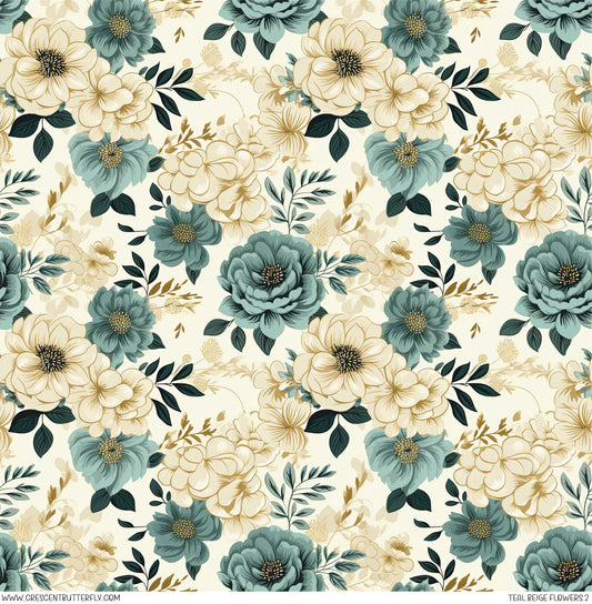 Teal Beige Flowers 2 Printed Vinyl Sheet-Tumbler Wrap