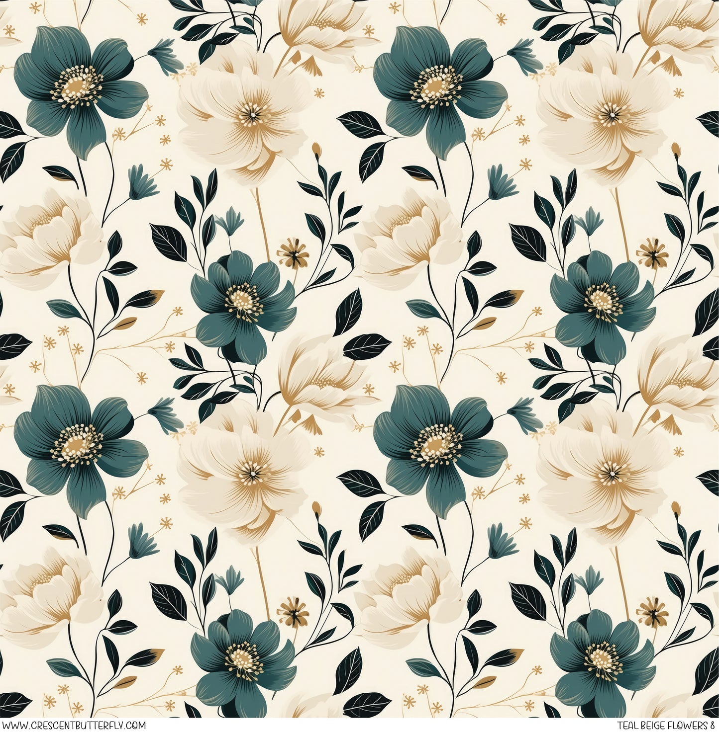 Teal Beige Flowers 8 Printed Vinyl Sheet-Tumbler Wrap