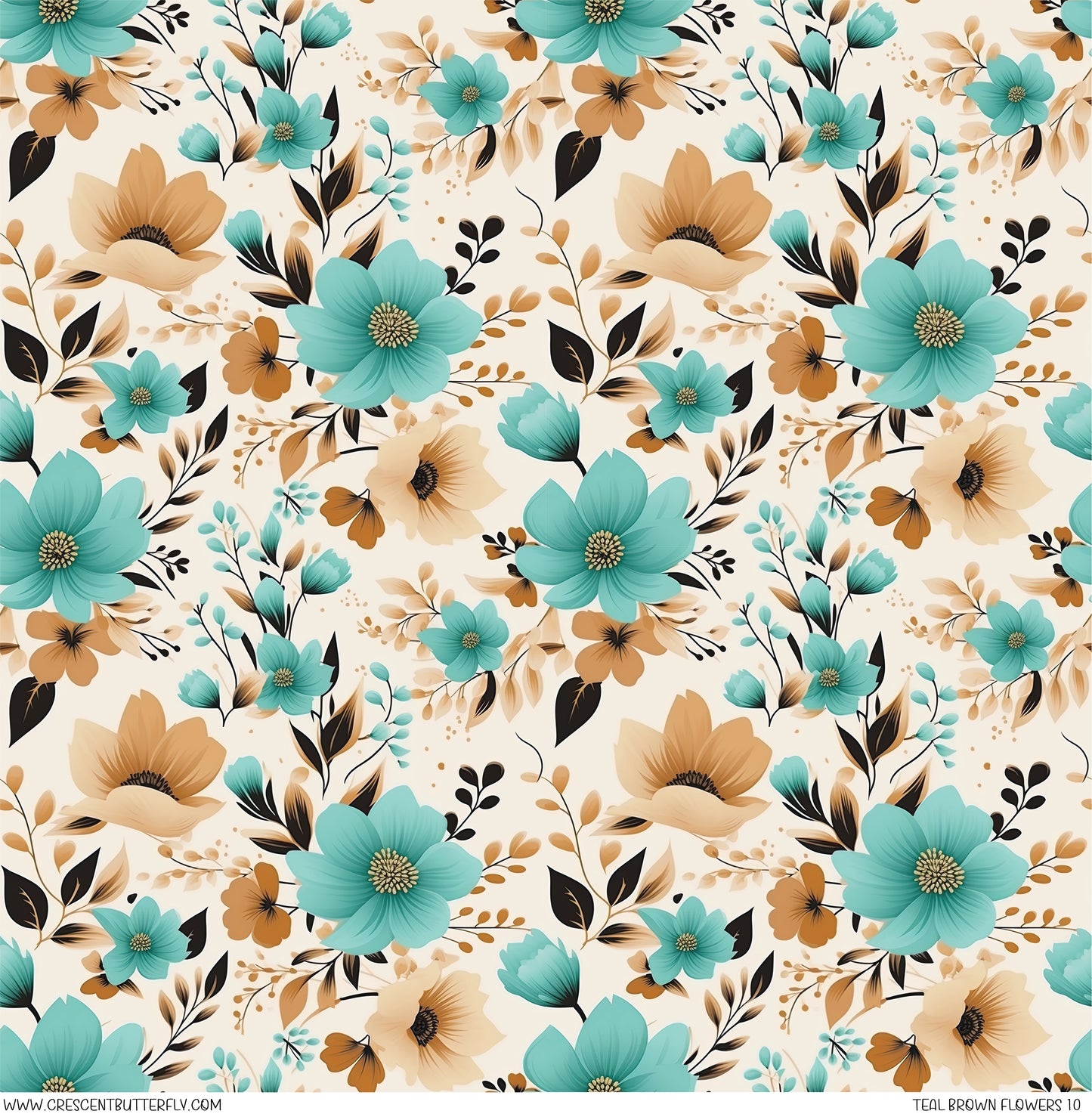 Teal Brown Flowers 10 Printed Vinyl Sheet/Wrap