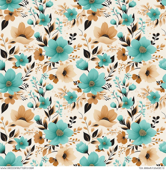 Teal Brown Flowers 10 Printed Vinyl Sheet/Wrap