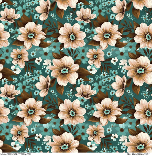 Teal Brown Flowers 11 Printed Vinyl Sheet/Wrap