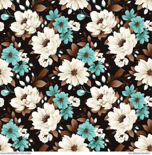 Teal Brown Flowers 2 Printed Vinyl Sheet/Wrap