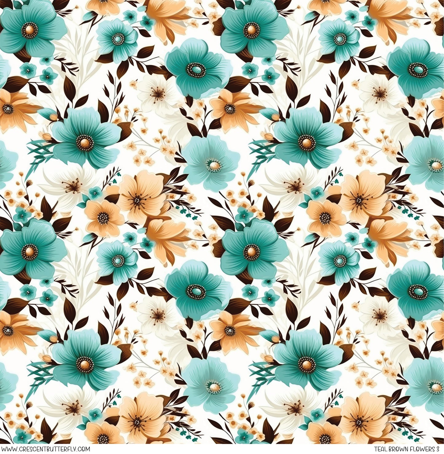 Teal Brown Flowers 3 Printed Vinyl Sheet/Wrap