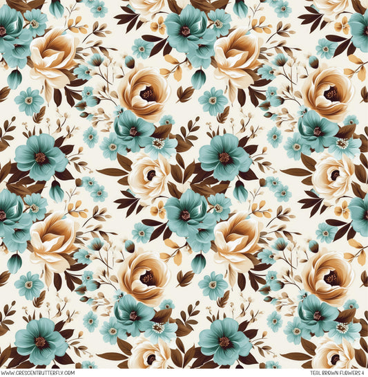 Teal Brown Flowers 4 Printed Vinyl Sheet/Wrap