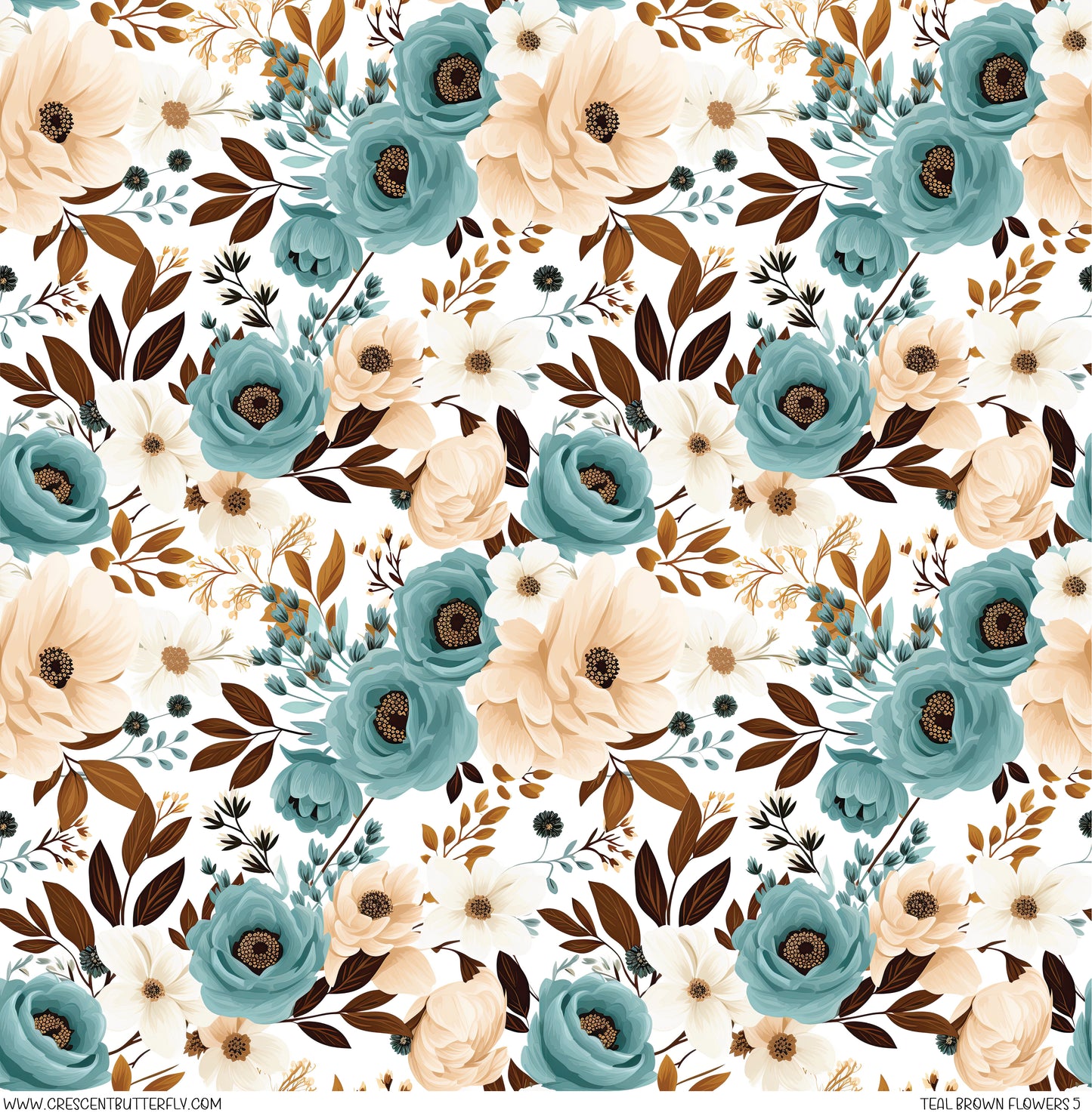 Teal Brown Flowers 5 Printed Vinyl Sheet/Wrap