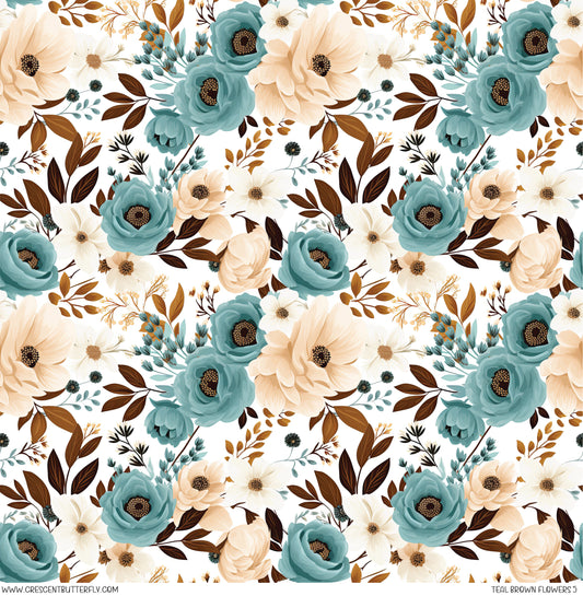 Teal Brown Flowers 5 Printed Vinyl Sheet/Wrap