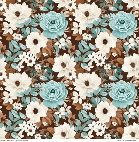 Teal Brown Flowers 7 Printed Vinyl Sheet/Wrap