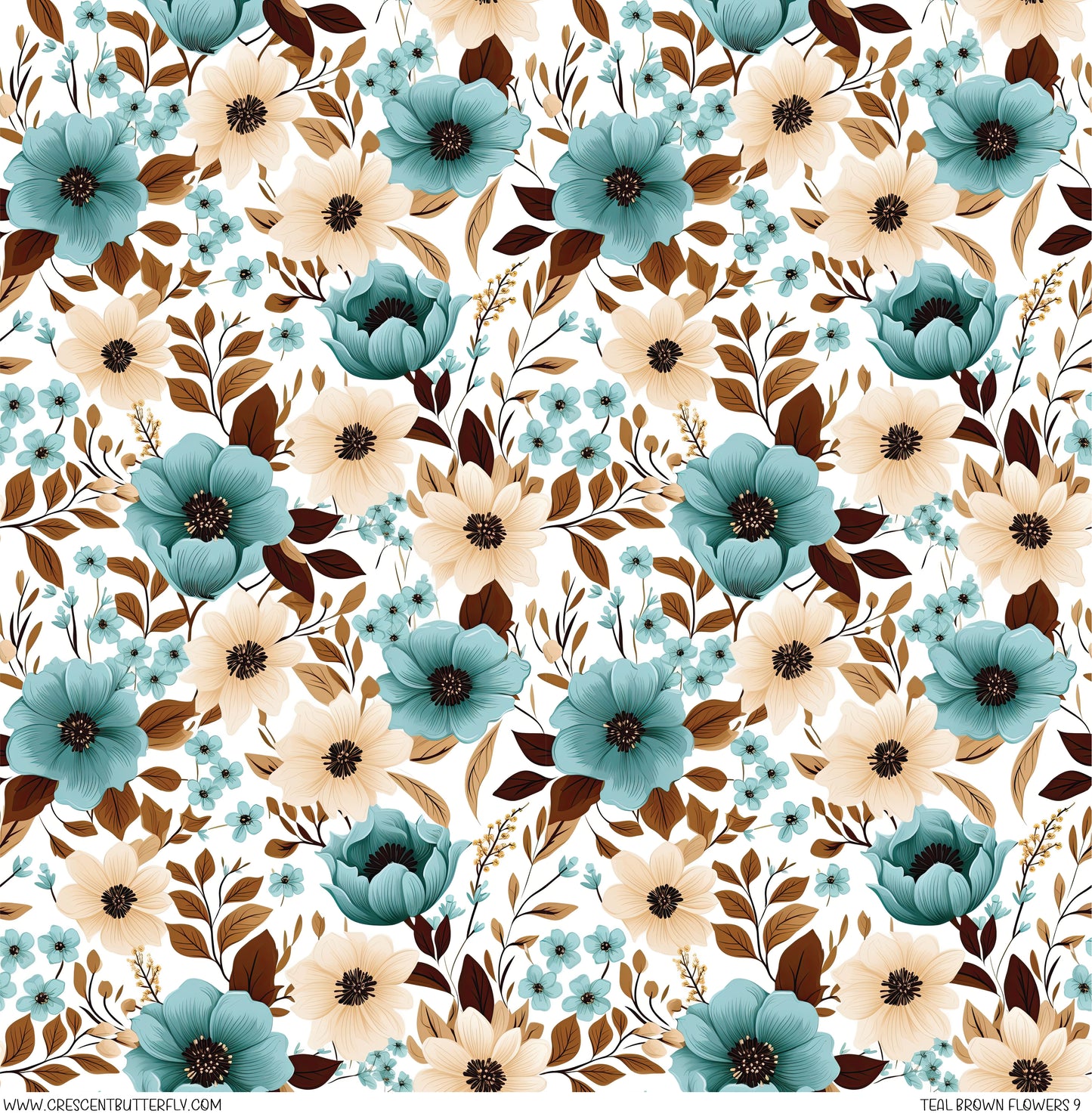 Teal Brown Flowers 9 Printed Vinyl Sheet/Wrap