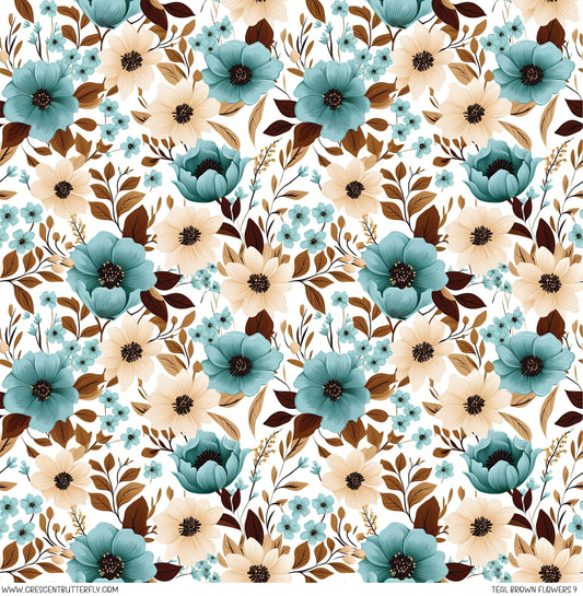 Teal Brown Flowers 9 Printed Vinyl Sheet/Wrap