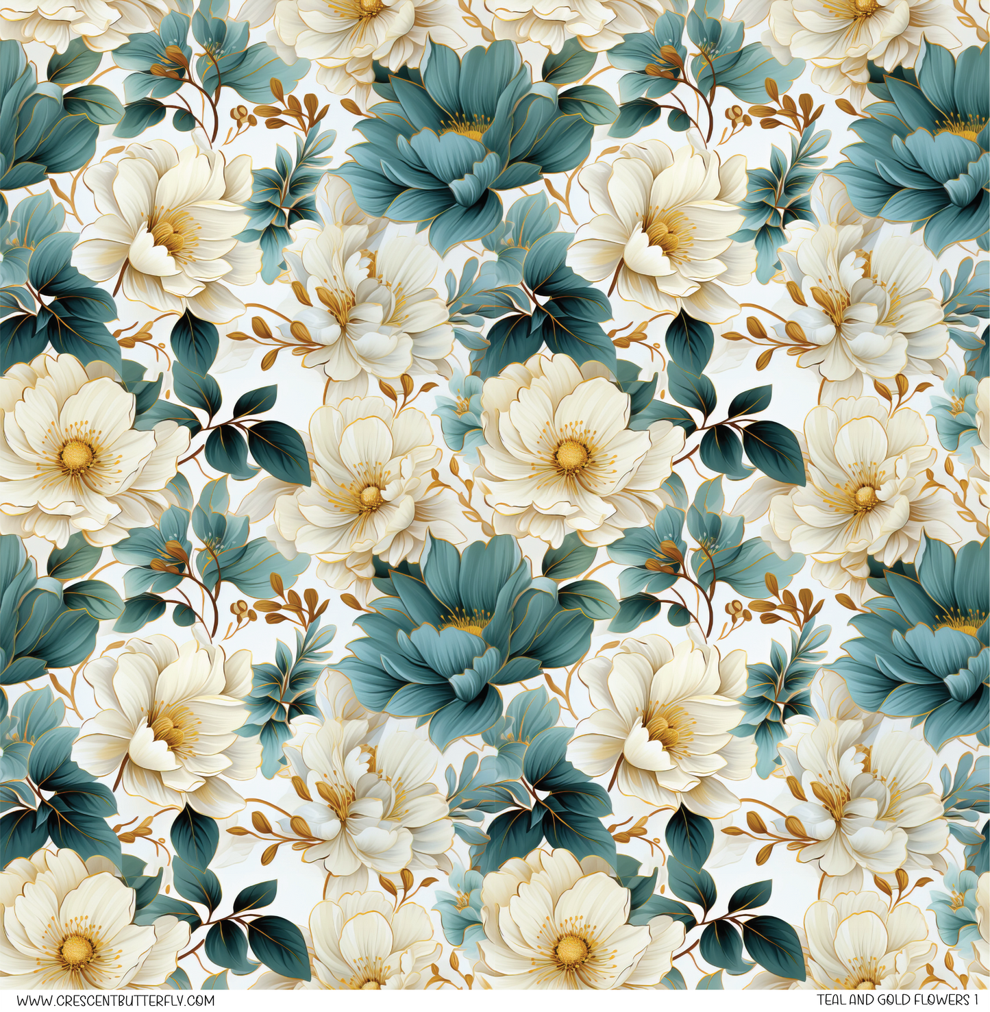 Teal Gold Flowers 1 Pattern Vinyl Sheet/Wrap