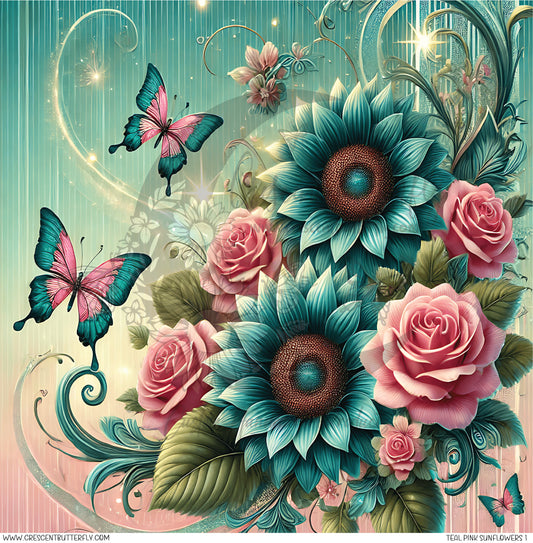 Teal Pink Sunflowers 1 Printed Vinyl Sheet/Wrap