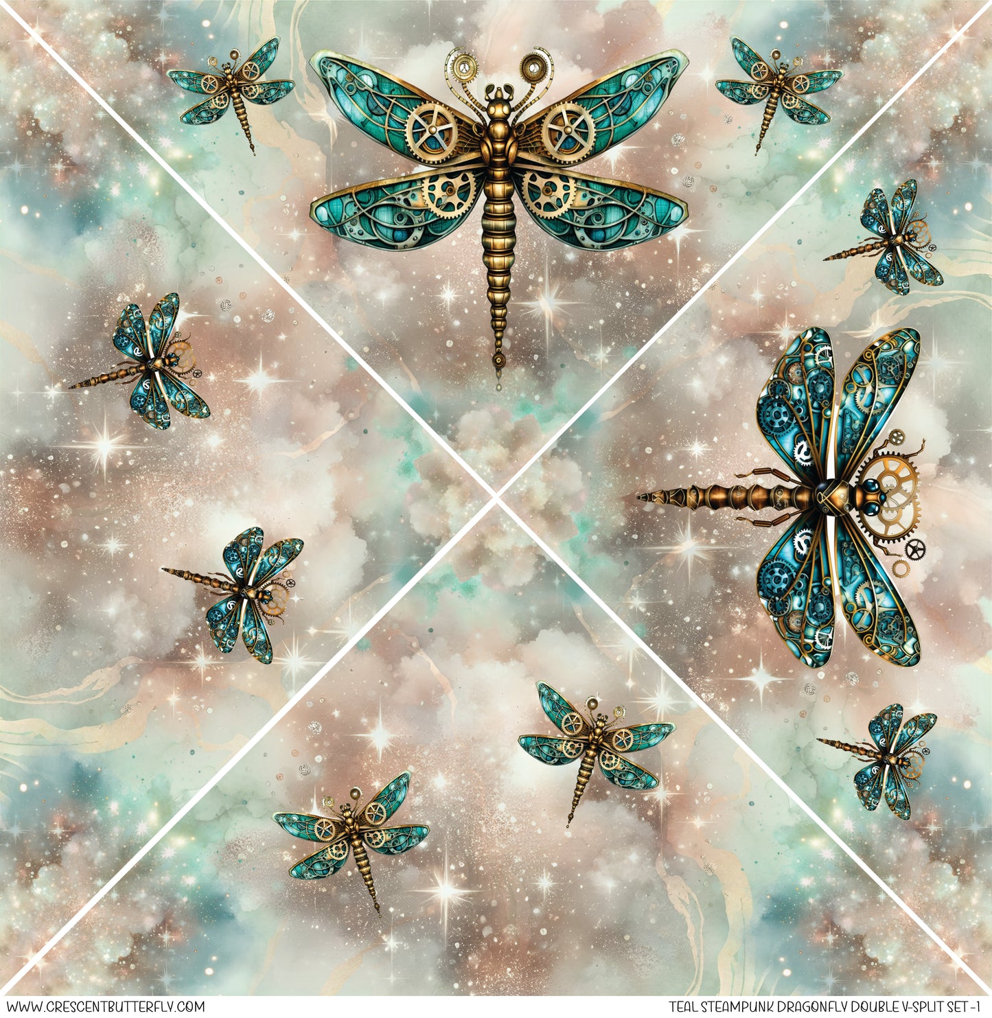 Teal Steampunk Dragonfly Double V-Split Set-1 Printed Vinyl Sheet-Tumbler Wrap