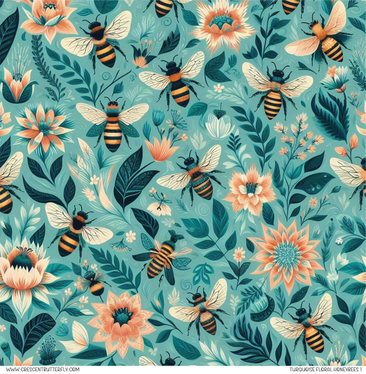 Turquoise Floral Honeybees 1 Pattern Vinyl Sheet/Wrap