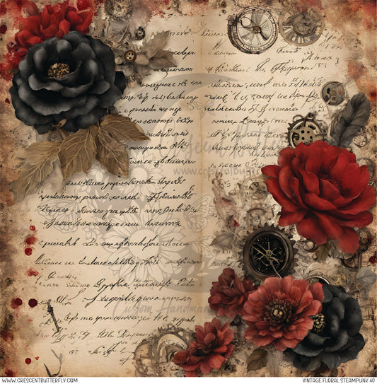 Vintage Floral Steampunk 40 Printed Vinyl Sheet/Wrap