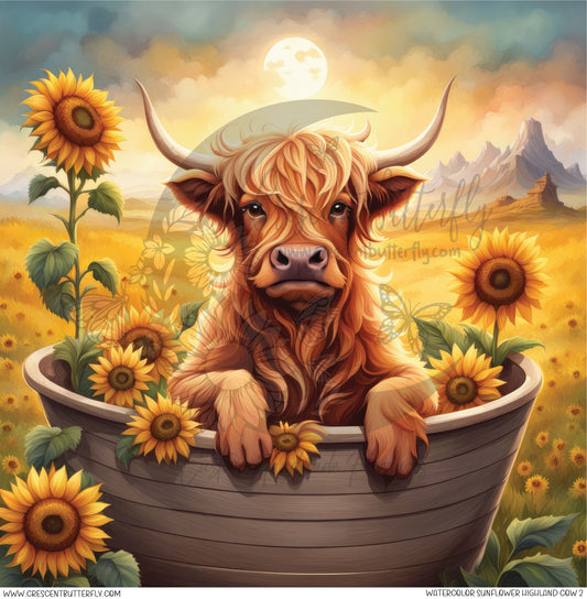 Watercolor Sunflower Highland Cow 2 Printed Vinyl Sheet/Wrap