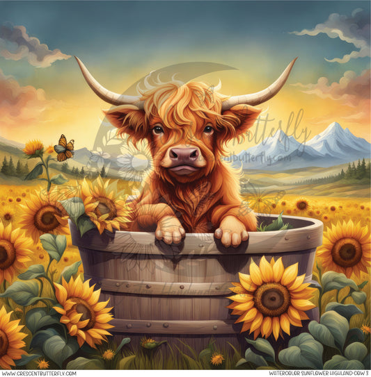 Watercolor Sunflower Highland Cow 3 Printed Vinyl Sheet/Wrap