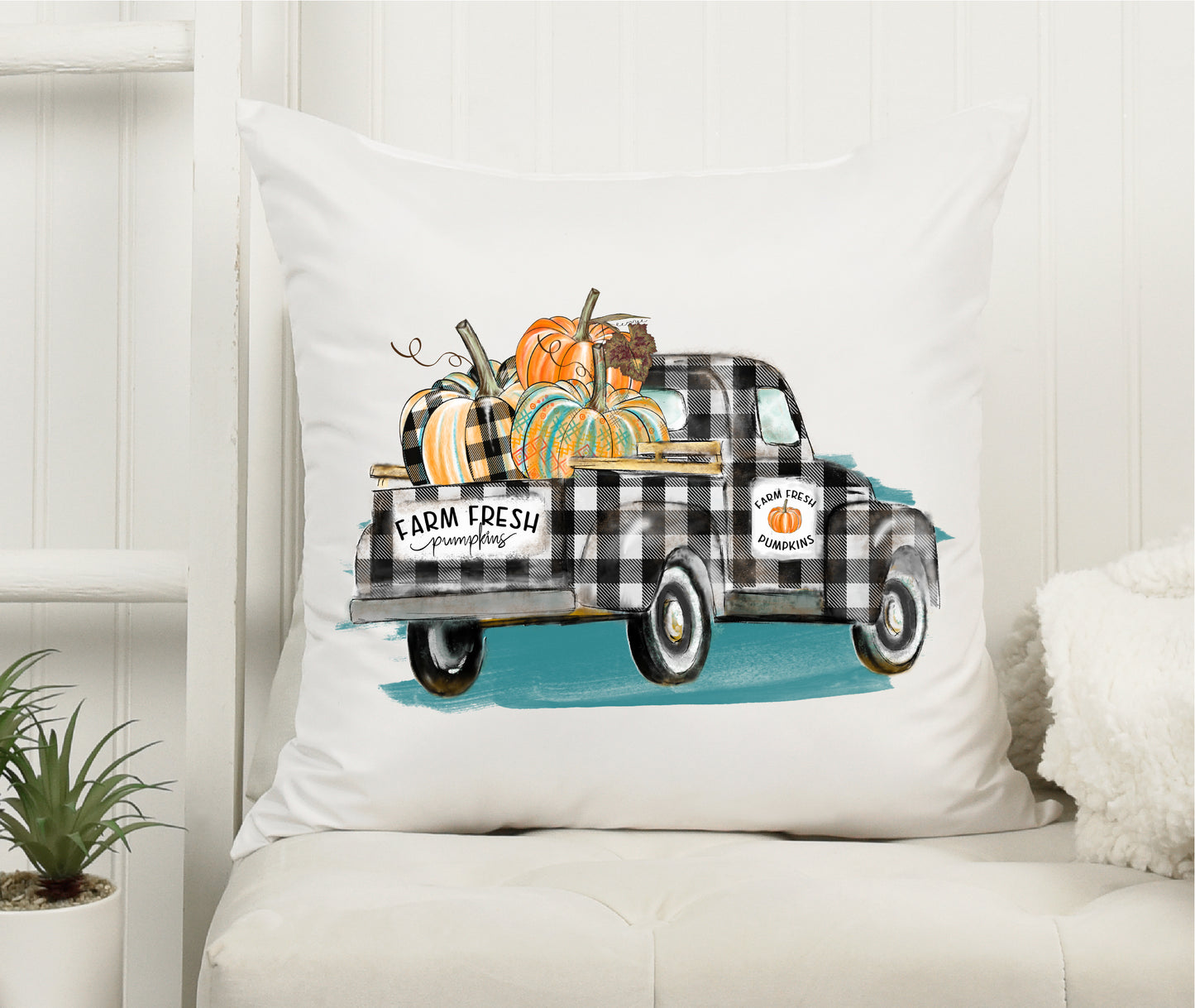 Farm Fresh Pumpkins Plaid Truck Throw Pillow