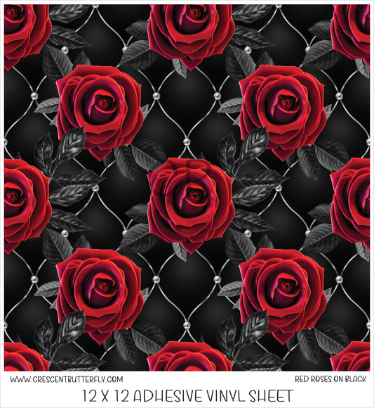 Red Roses on Black Printed Vinyl Sheet