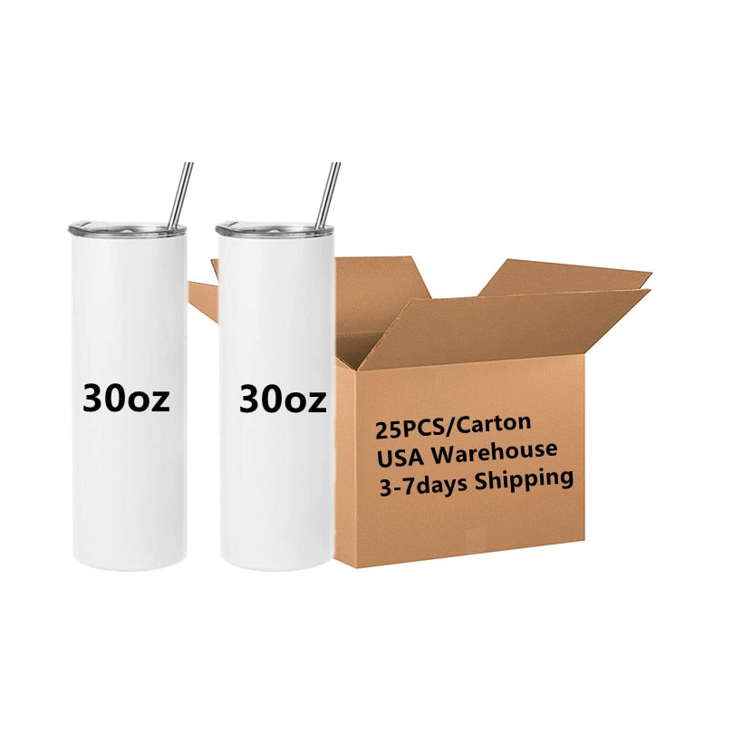 15/20/30oz 25Pack Bulk Insulated White Blank Skinny Straight Sublimation Tumbler With Straw