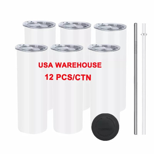 USA warehouse bulk 20oz 6/12/25pack Stainless steel White Straight skinny Sublimation Tumbler With metal Straw and Rubber Mat