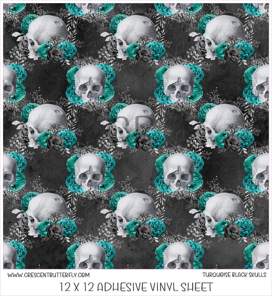 Turquoise Black Skulls Printed Vinyl Sheet