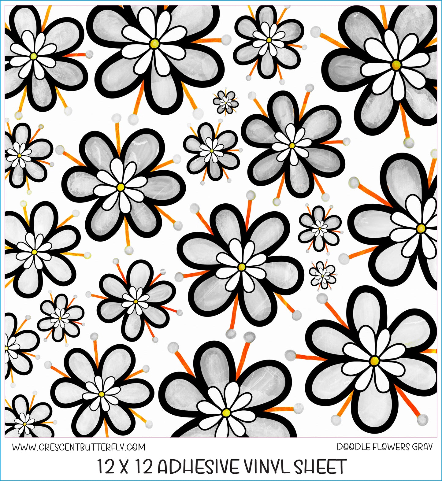 Doodle Flowers Gray Printed Vinyl Sheet