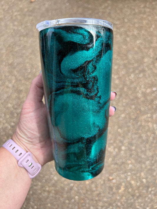 Epoxy Tumbler Teal and black swirl