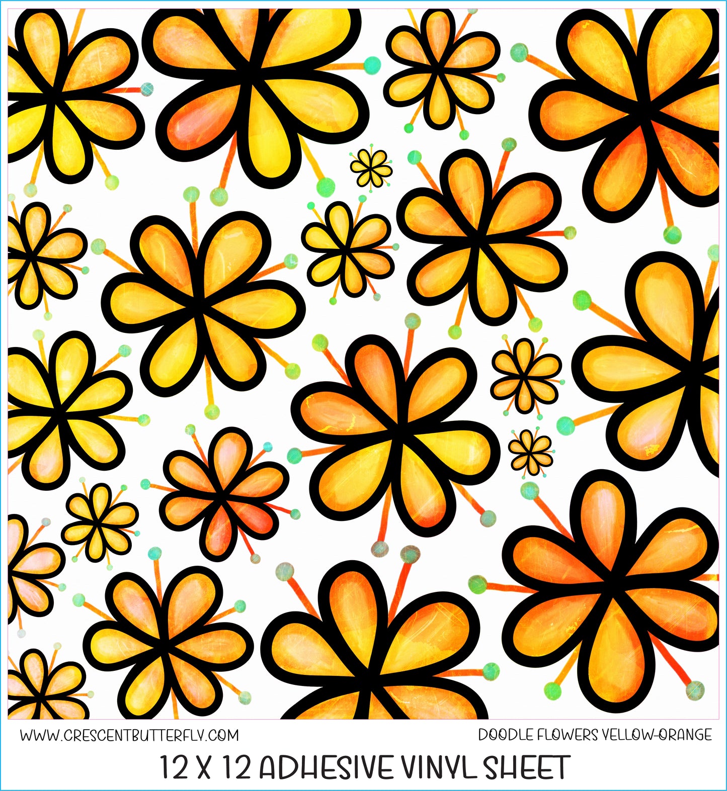 Doodle Flowers Yellow Orange Printed Vinyl Sheet